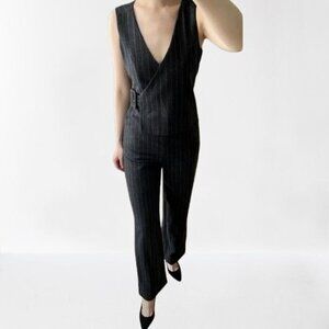 SUISTUDIO Wool Jumper Charcoal Gray Wool Stripes Lined Wide Leg